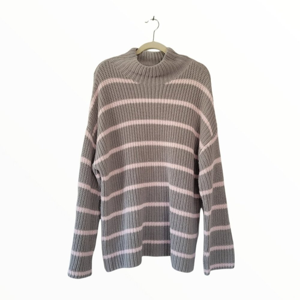 CASLON Mock-neck Grey & Pink Striped Long Sweater